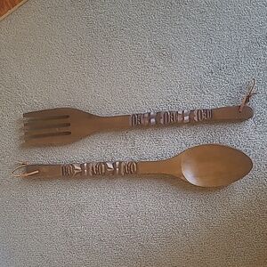 VTG Carved Wooden Kitchen MCM Tiki Fork Spoon Wall Hanging cottage Philippines